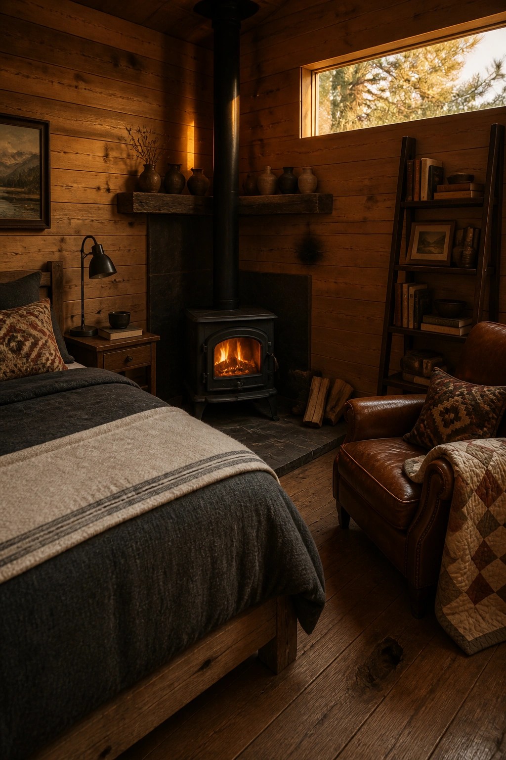 A bedroom with a lit wood stove centered between a wooden bed and a brown leather chair, set against wood-paneled walls.