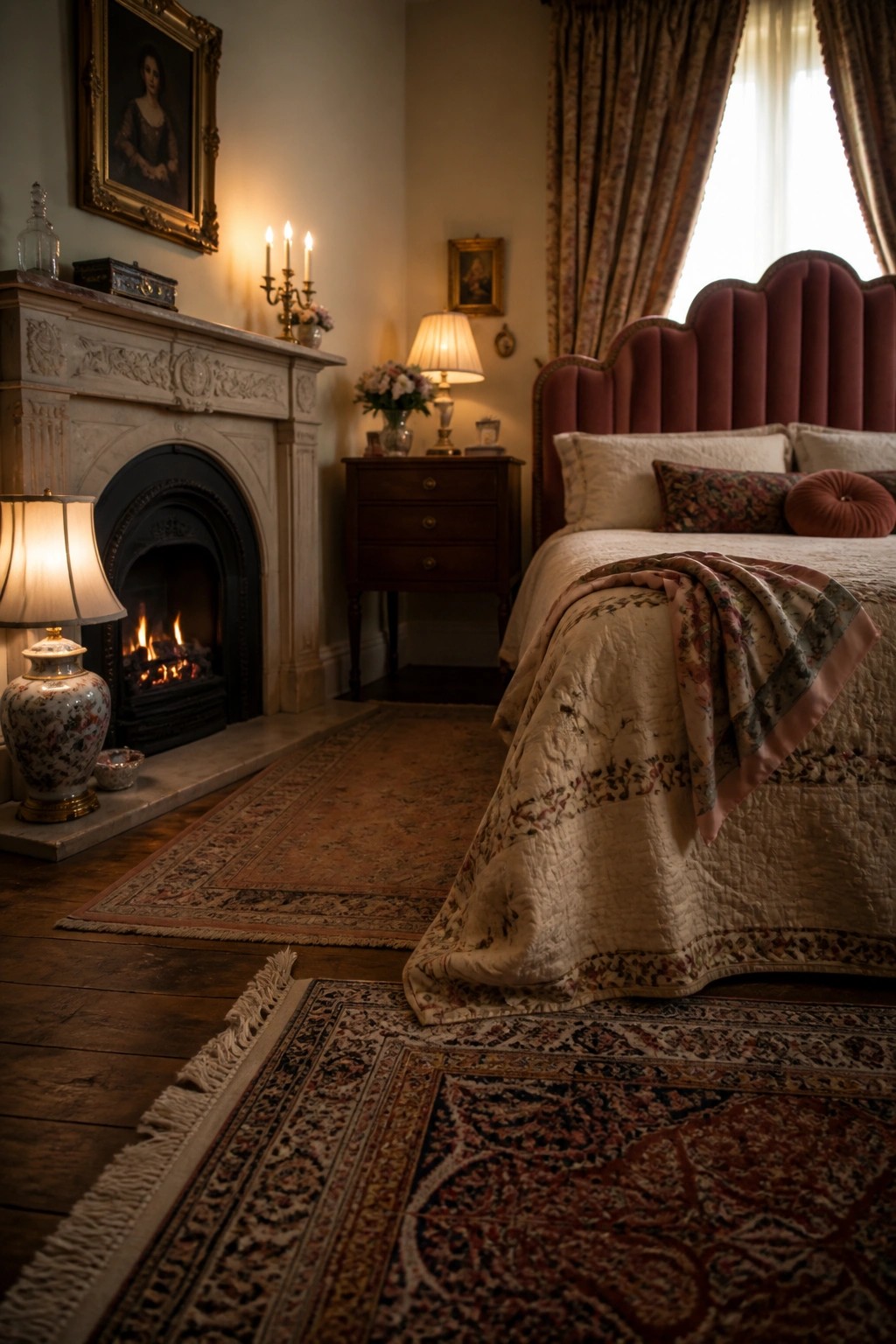 A bedroom interior showing a lit fireplace on the left wall with a large bed and red upholstered headboard on the right, two patterned rugs on dark wood flooring.