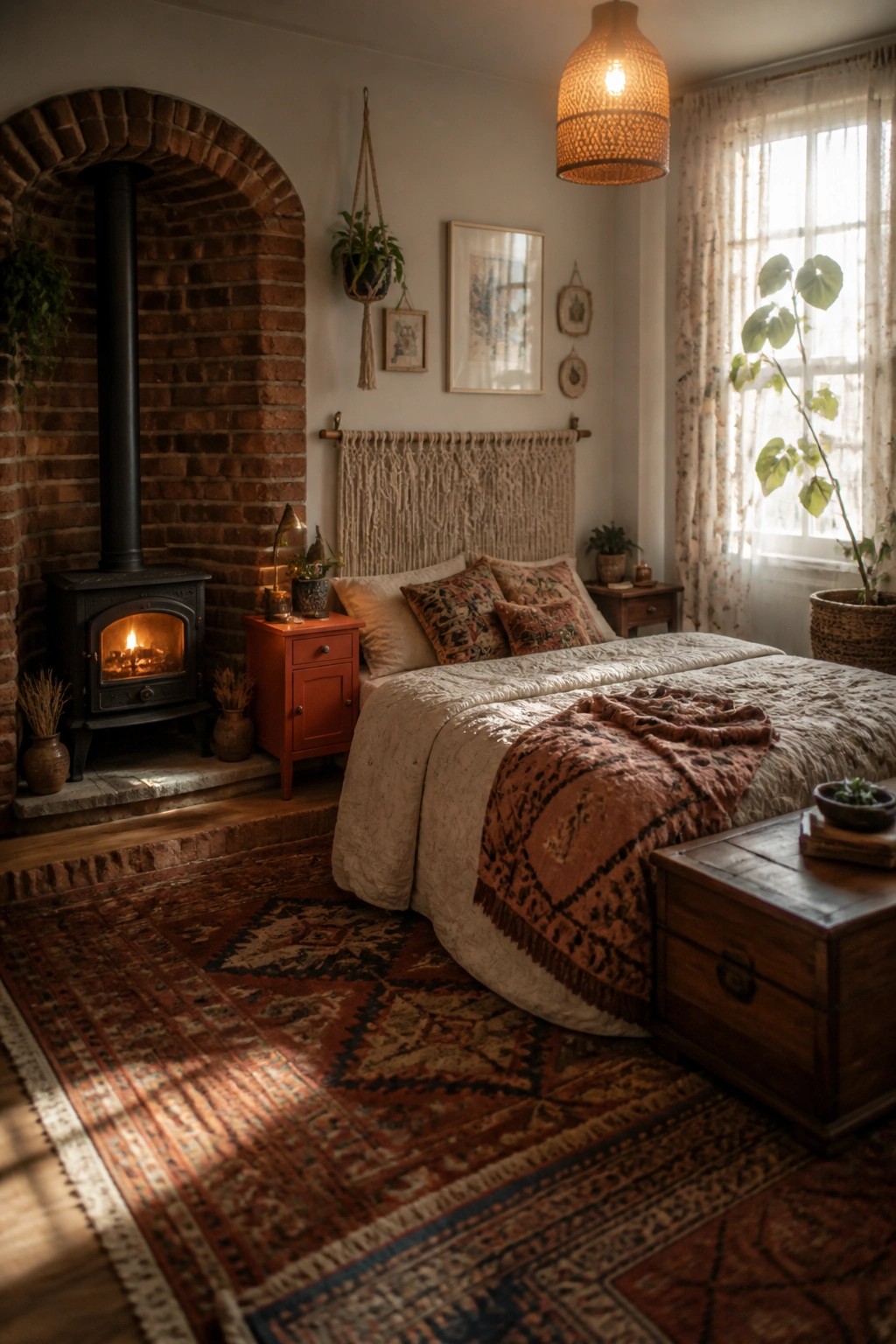 A bedroom featuring a black wood stove inside a brick arched alcove beside a bed with patterned pillows and a large red patterned rug.
