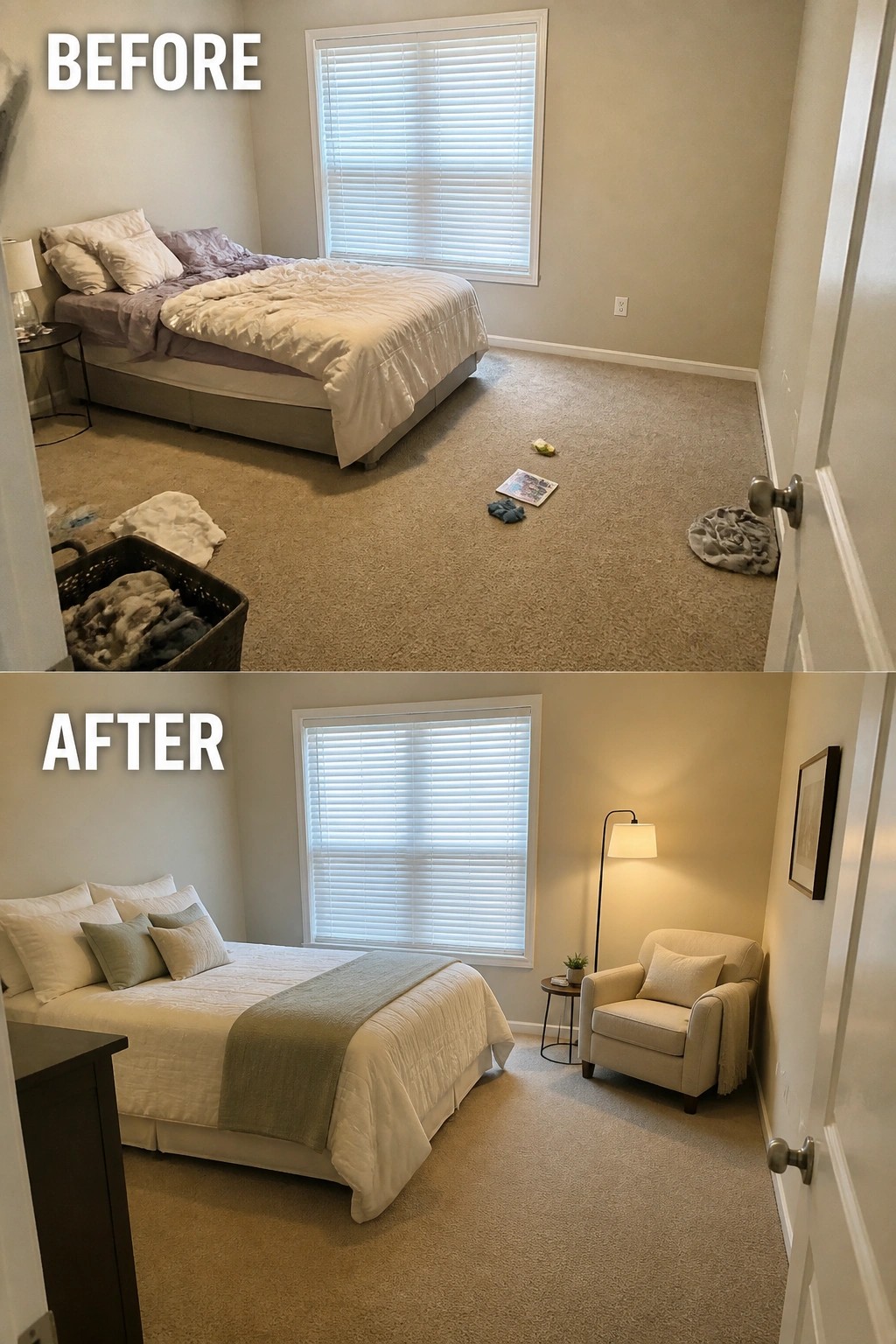 Before-and-after bedroom: cluttered mess with laundry transformed into tidy neutral space with armchair.