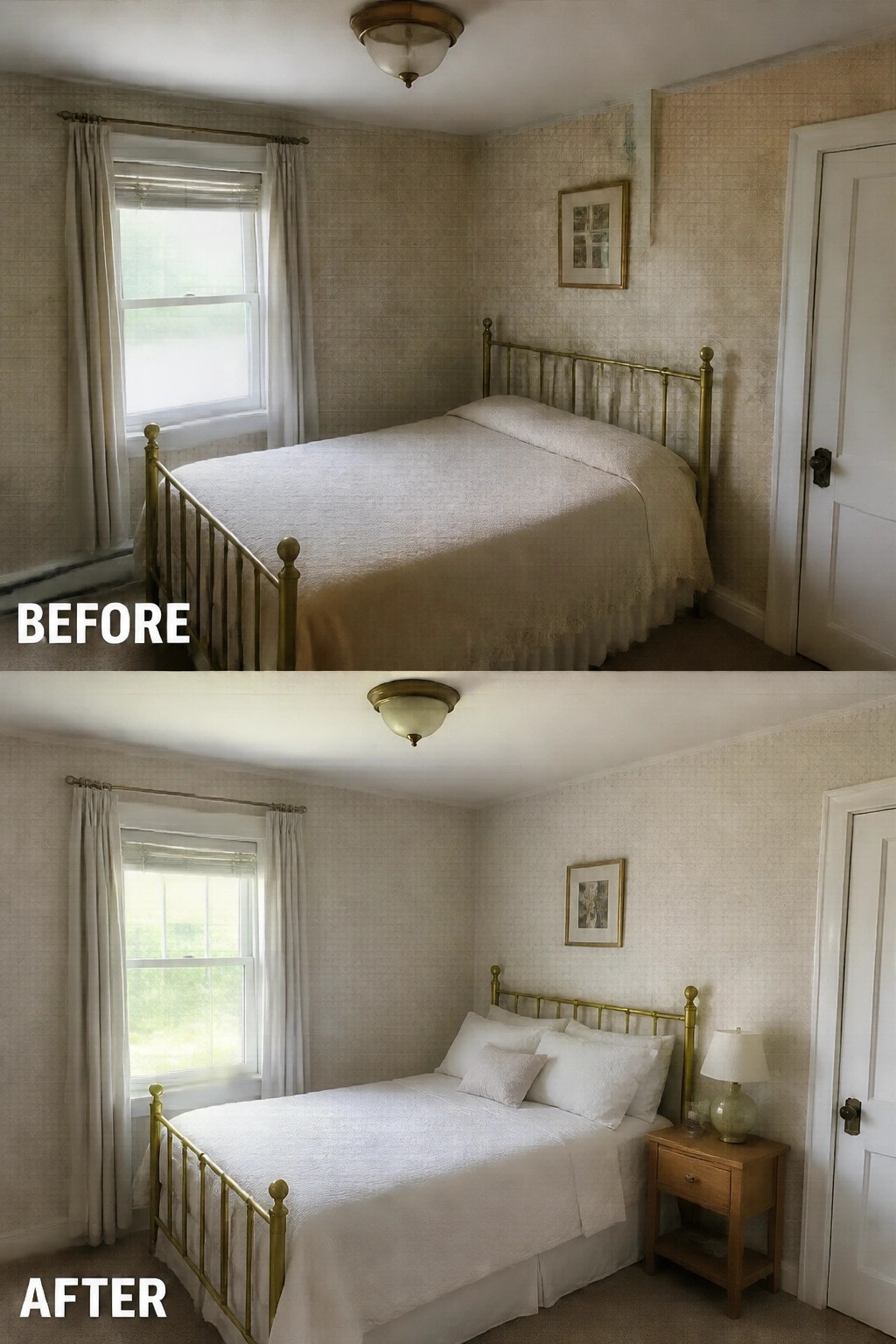 Before and after bedroom with brass bed, white linens, and added nightstand.
