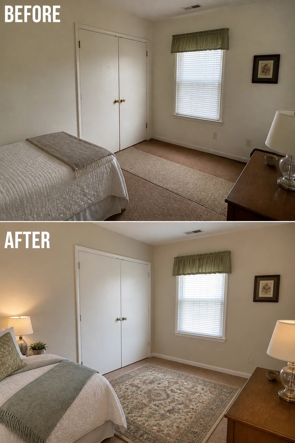 Before and after bedroom with new patterned rug, lamps, and bedding style.