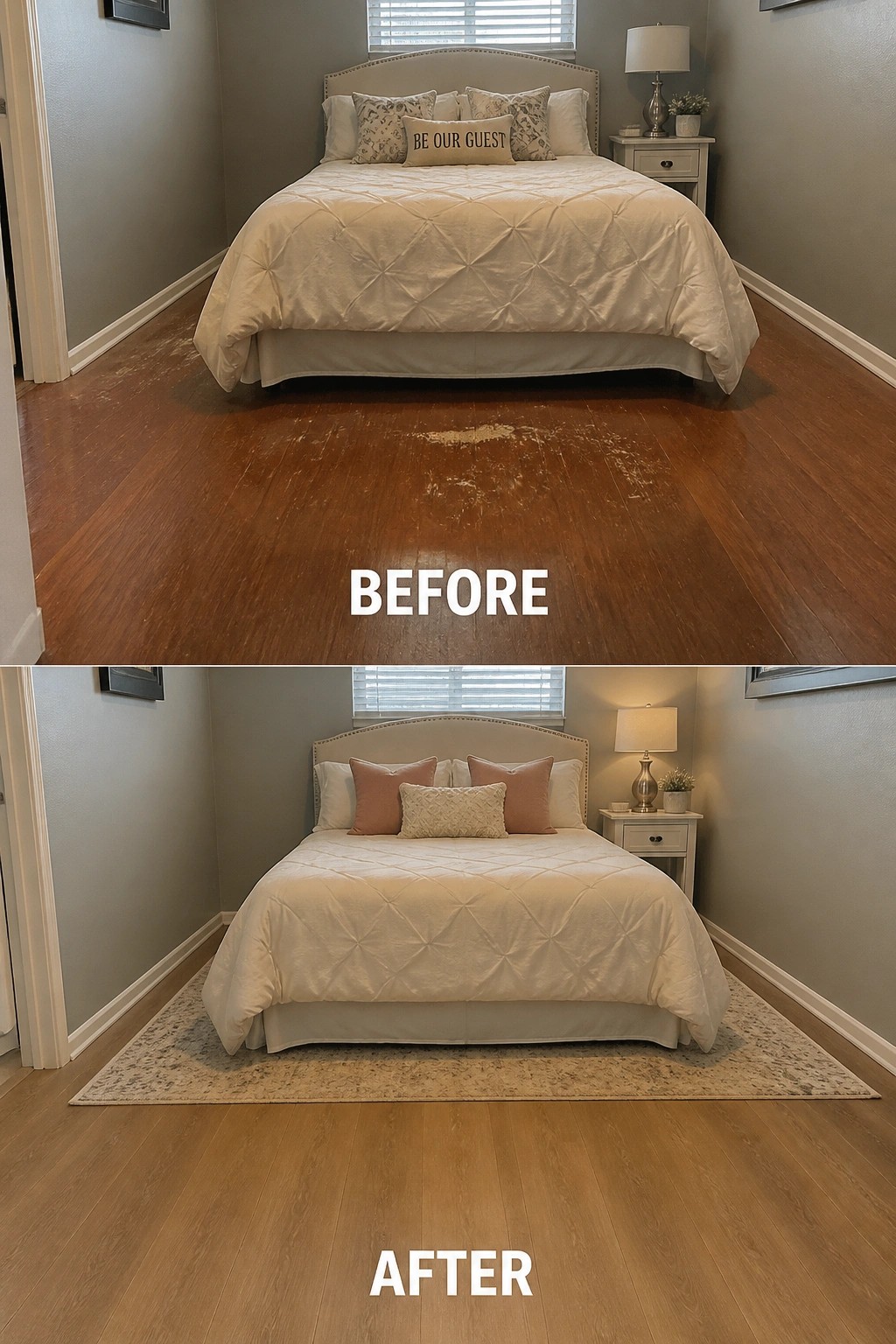 Before and after bedroom with worn floor replaced by light wood and area rug.