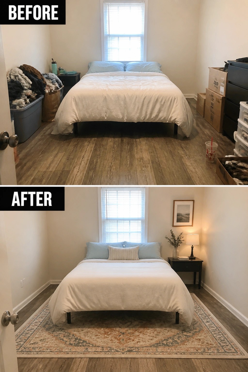 Before and after of cluttered bedroom transformed into tidy space with rug and decor
