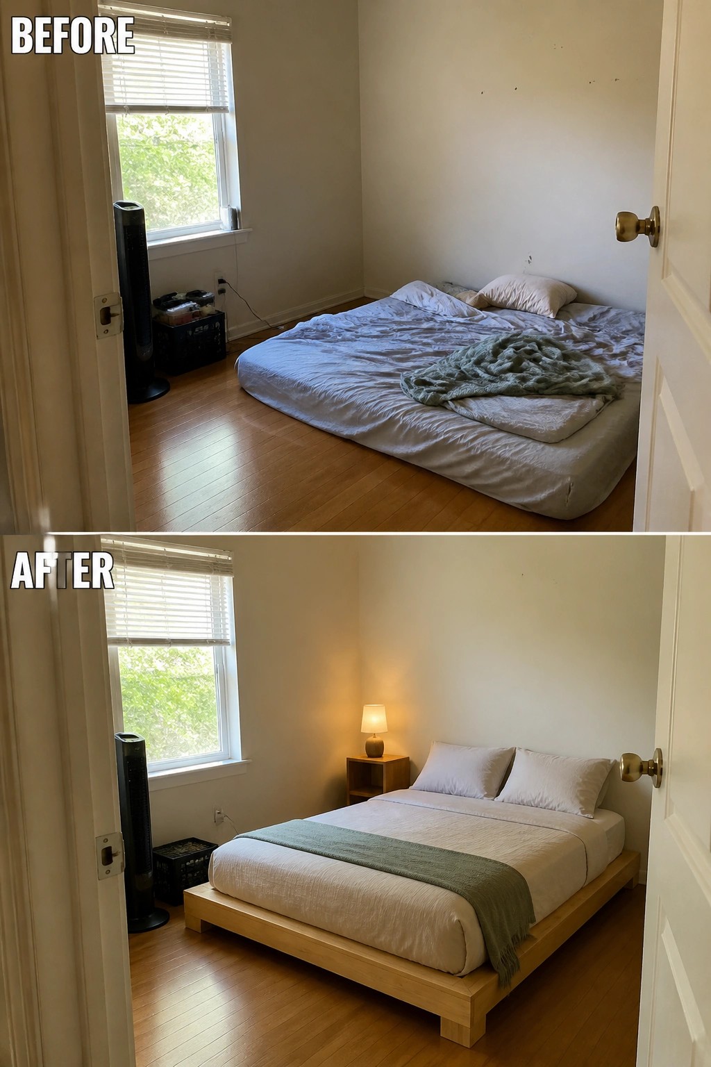 Before and after bedroom with floor mattress upgraded to wooden platform bed