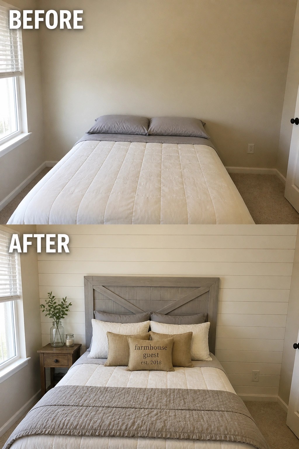 Before-and-after image of a plain guest bedroom updated with a shiplap accent wall, wooden headboard, and layered pillows.