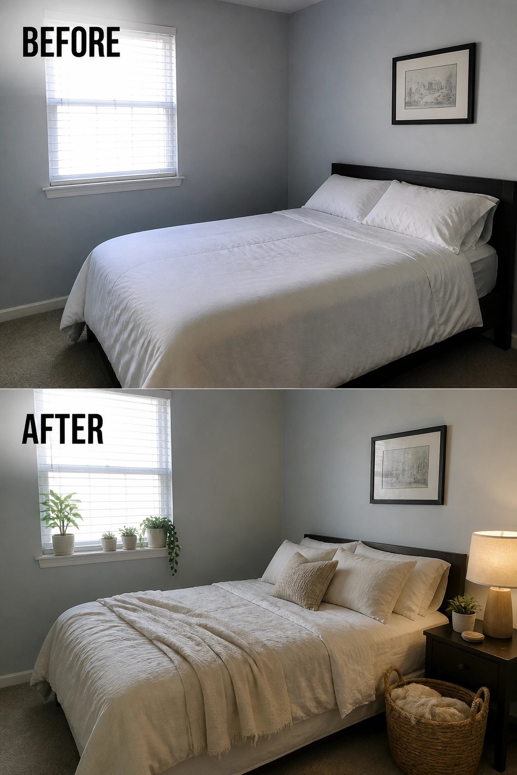 Before-and-after image of a plain bedroom updated with plants on the windowsill, a bedside lamp, and extra pillows.