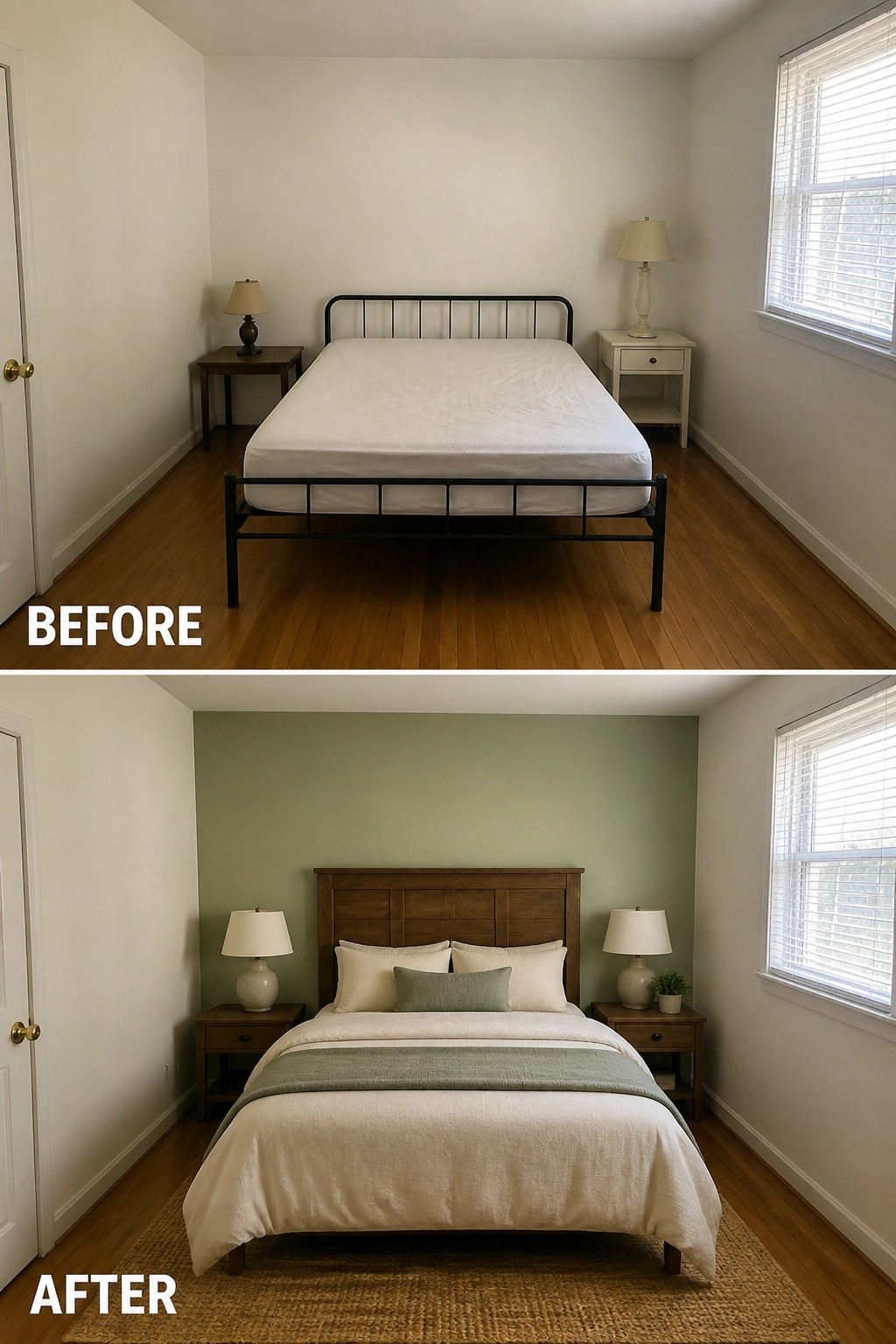 Before and after bedroom with metal bed, then wooden headboard, green wall, and rug