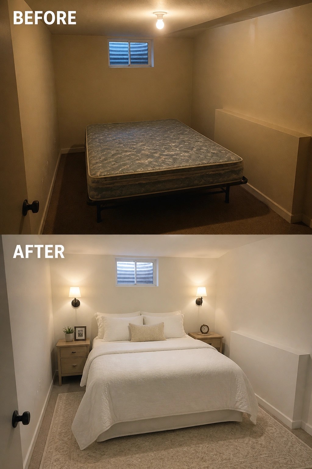 Before and after bedroom with bare mattress transformed into white-bedded setup with lamps