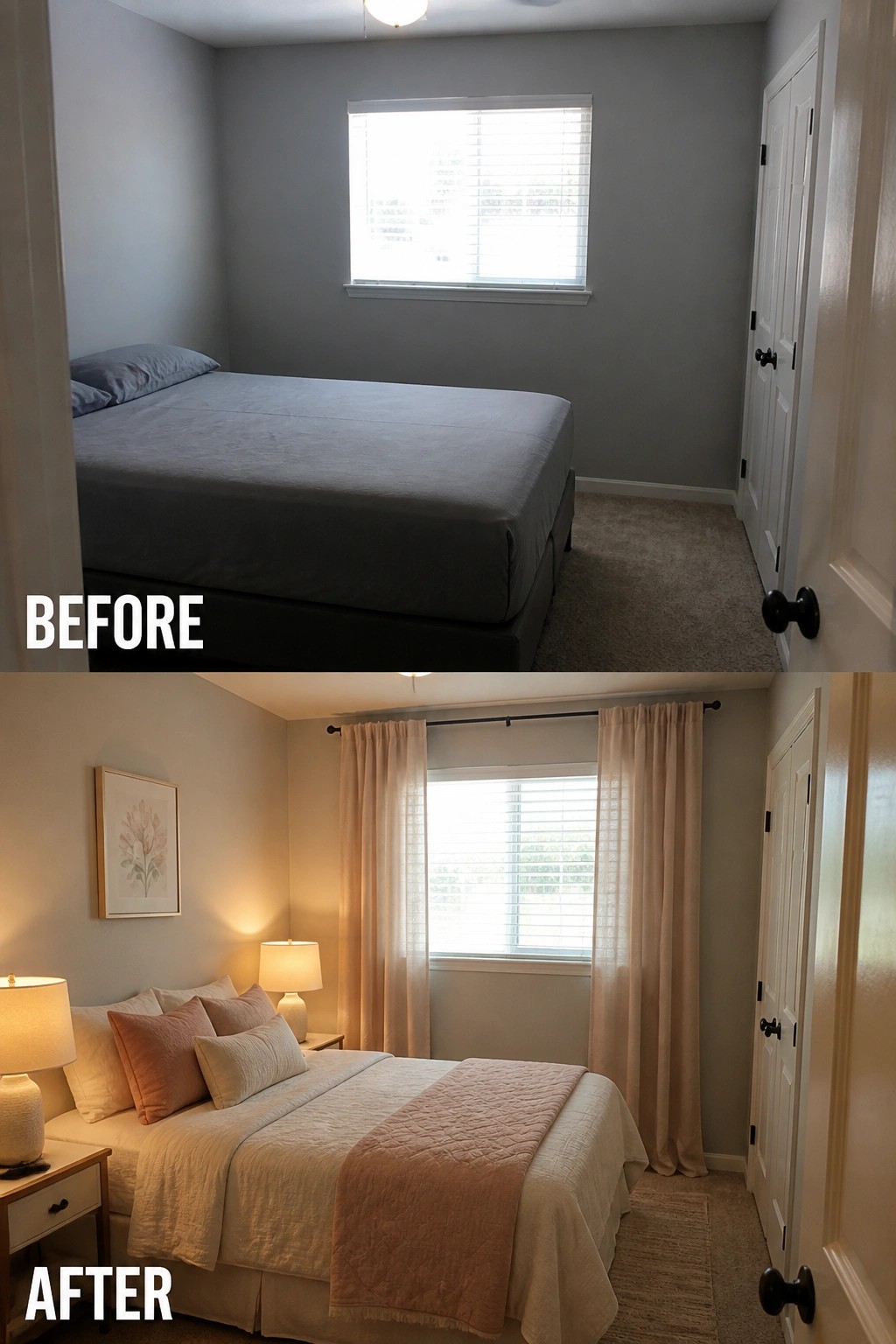Before and after bedroom with gray bedding versus pink curtains, lamps, and art.