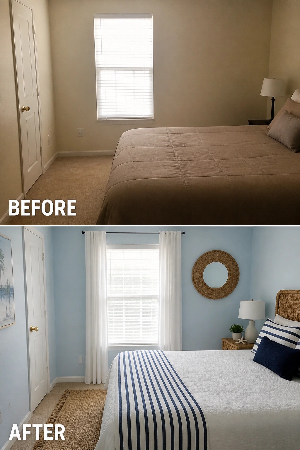 Before and after bedroom with beige walls and light blue coastal decor.