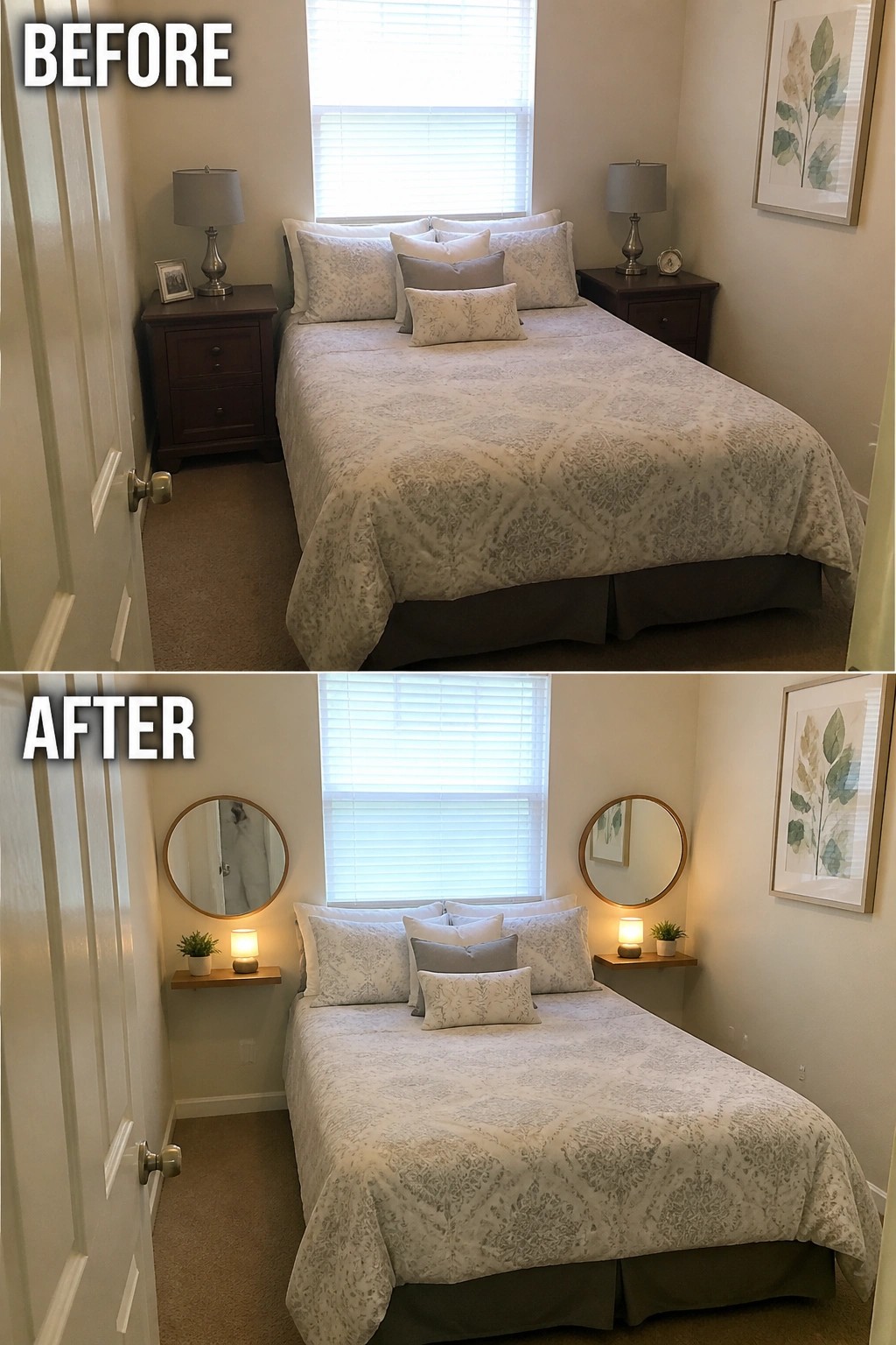 Before and after bedroom with nightstands replaced by floating shelves and round mirrors.