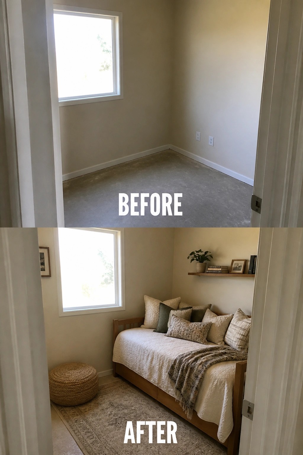 Before-and-after view of empty beige room transformed into cozy bedroom with daybed and rug.