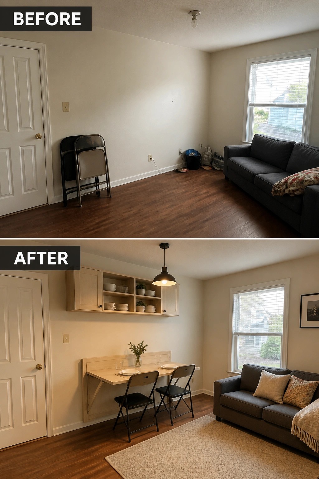 Before-and-after image of a small empty living room transformed with a wall-mounted fold-down dining table, cabinets, a rug, and a pendant light.