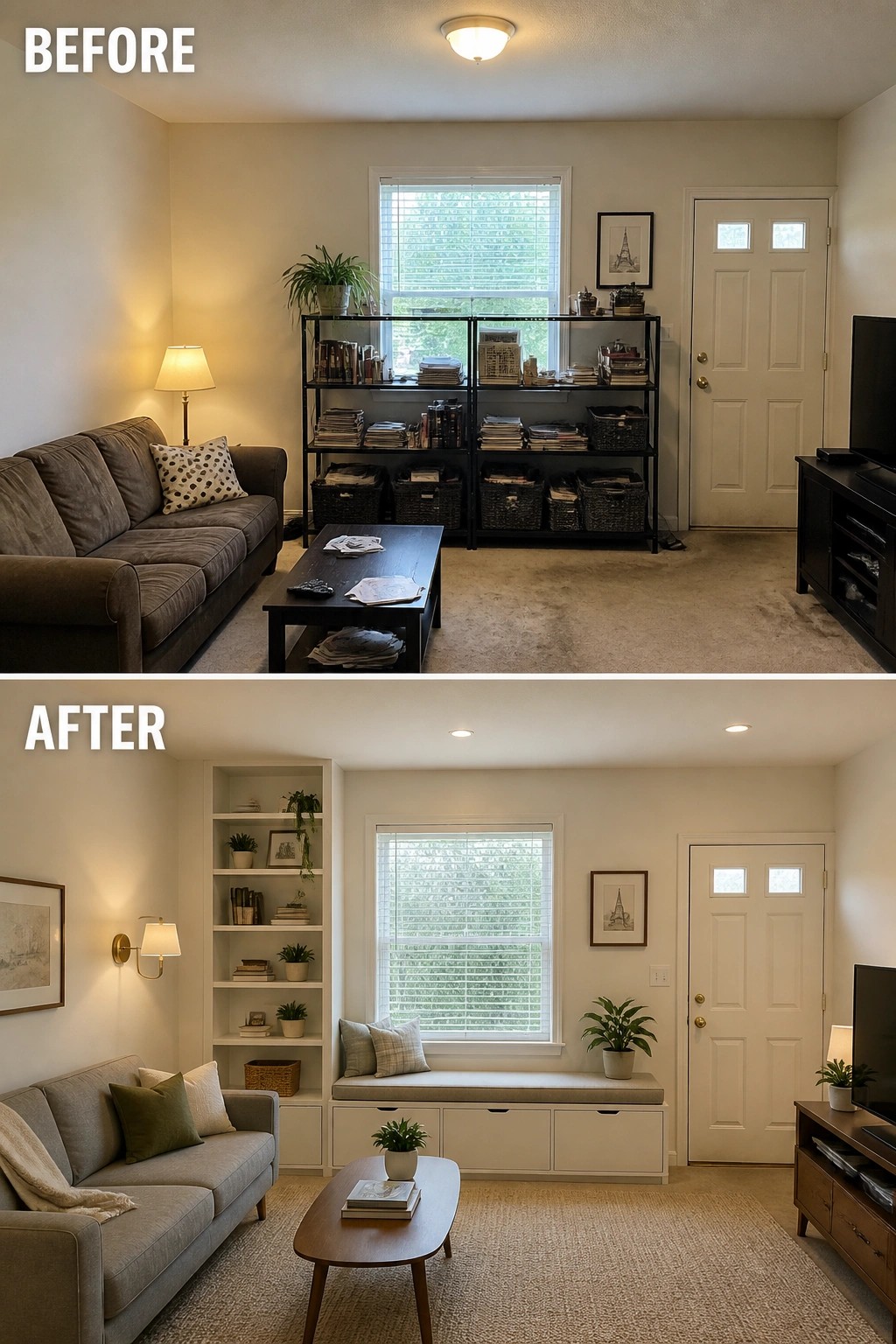 Before-and-after image of a small living room with dark freestanding shelves and a bulky coffee table changed to white built-in shelves and a window seat with integrated storage.