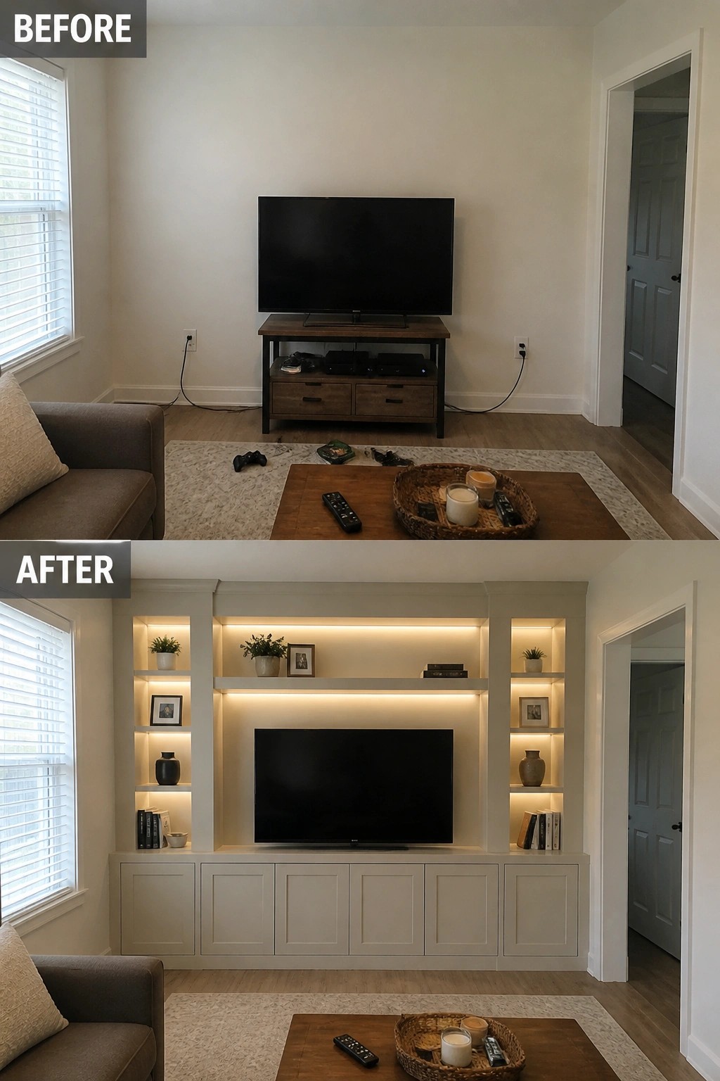 Before and after living room TV wall with white built-in illuminated shelves and cabinets.