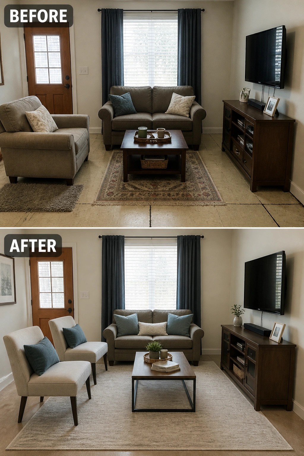 Before and after living room with sofa, chairs, coffee table, TV, and rugs.