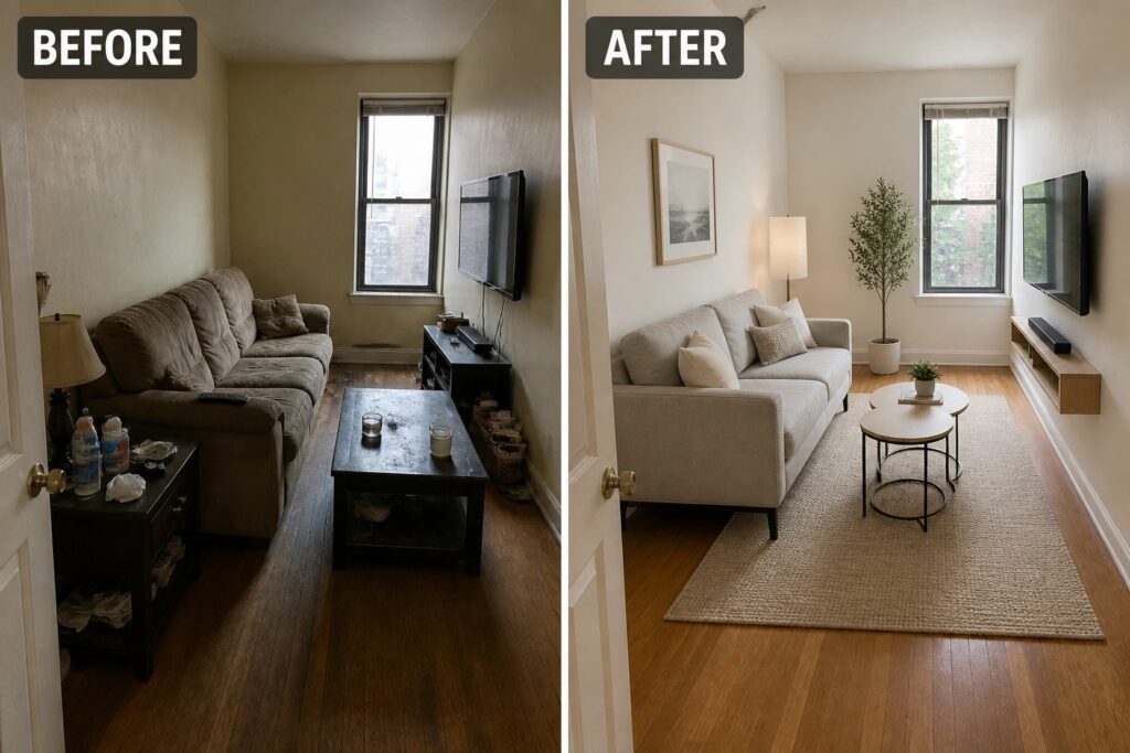 Before and after living room renovation with updated sofa, rug, and decor.