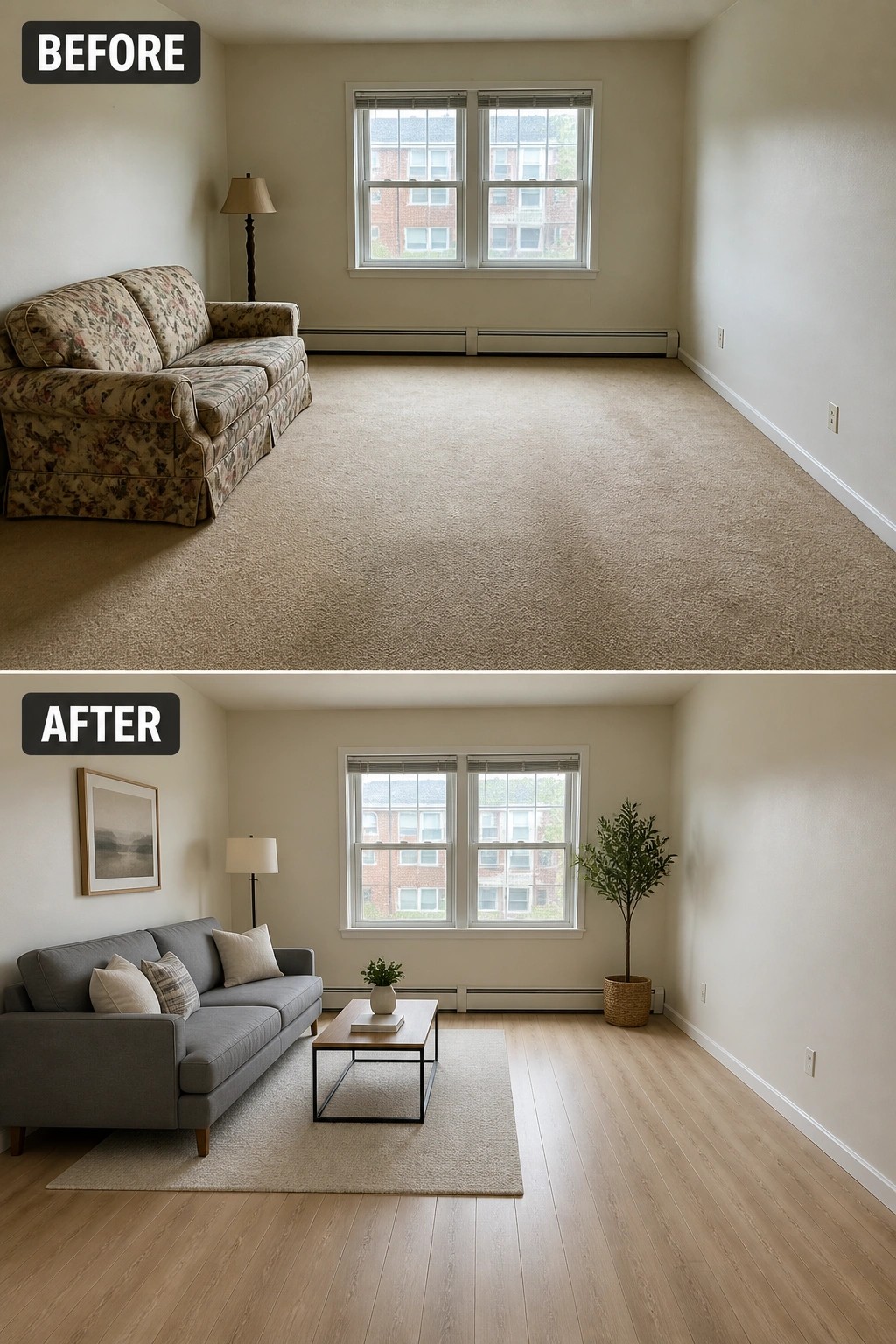 Before-and-after image of a living room with beige carpet and a floral sofa changed to hardwood floors with a gray sofa, area rug, and coffee table.