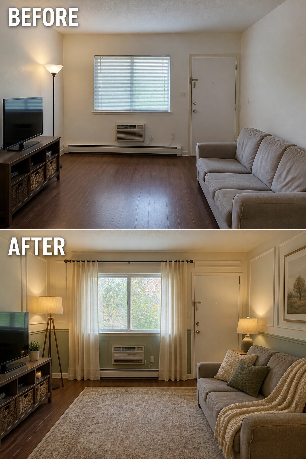 Before-and-after image of a plain apartment living room updated with a rug, curtains, wall trim, and added lamps.