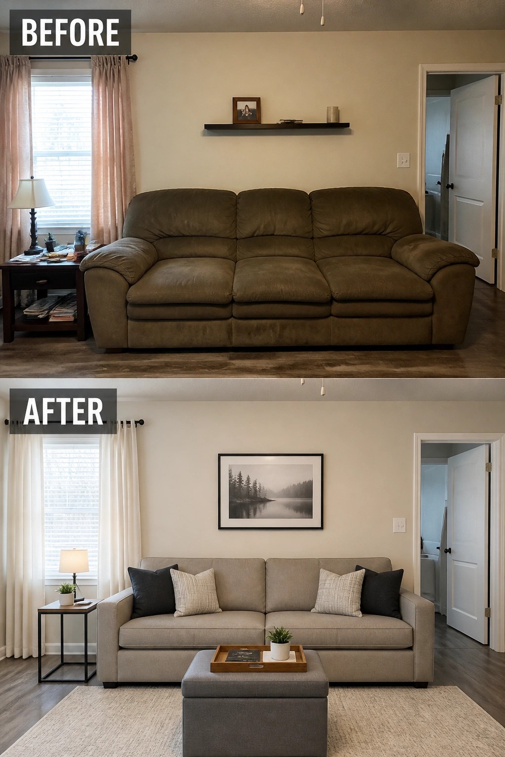 Before and after living room with brown sofa replaced by beige couch, pillows, and ottoman.