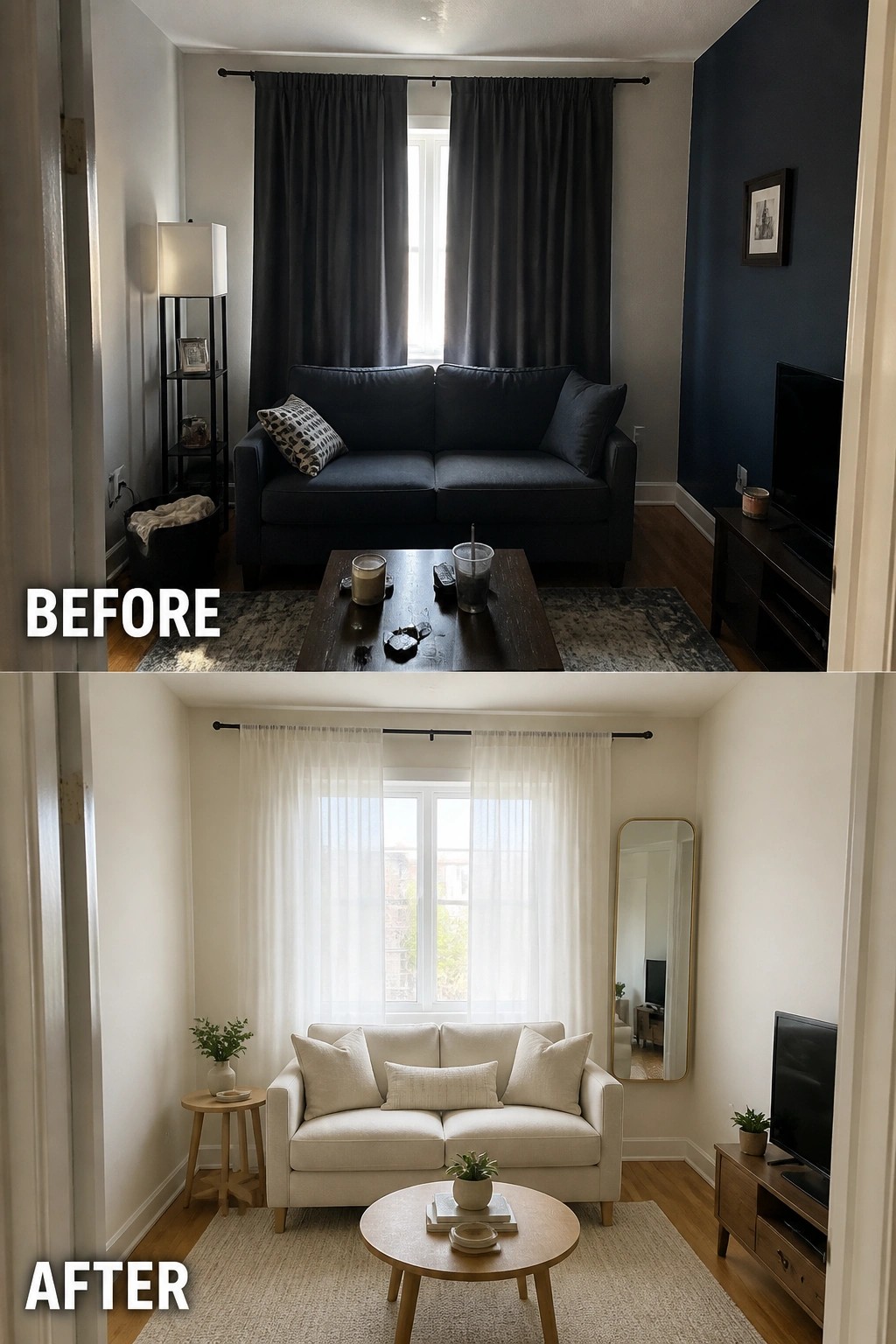 Before-and-after image of a small living room changed from dark furniture and curtains to a lighter sofa, sheer curtains, and brighter overall palette.