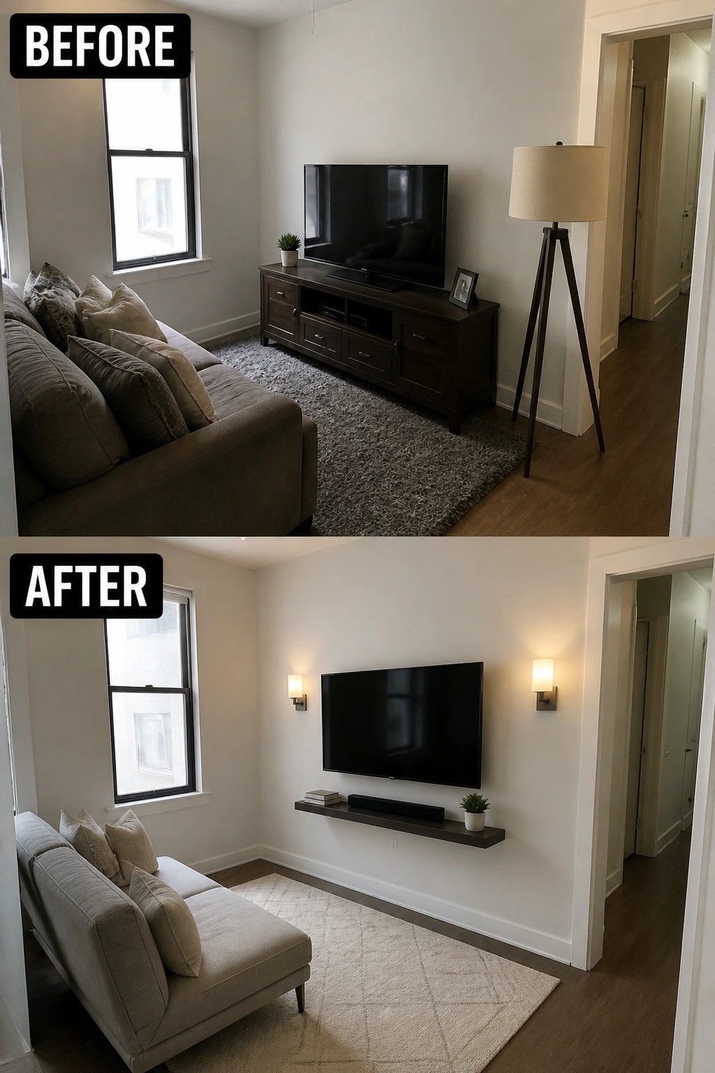 Before-and-after image of a small living room showing the TV moved from a dark console to a wall mount with a floating shelf and wall sconces added.