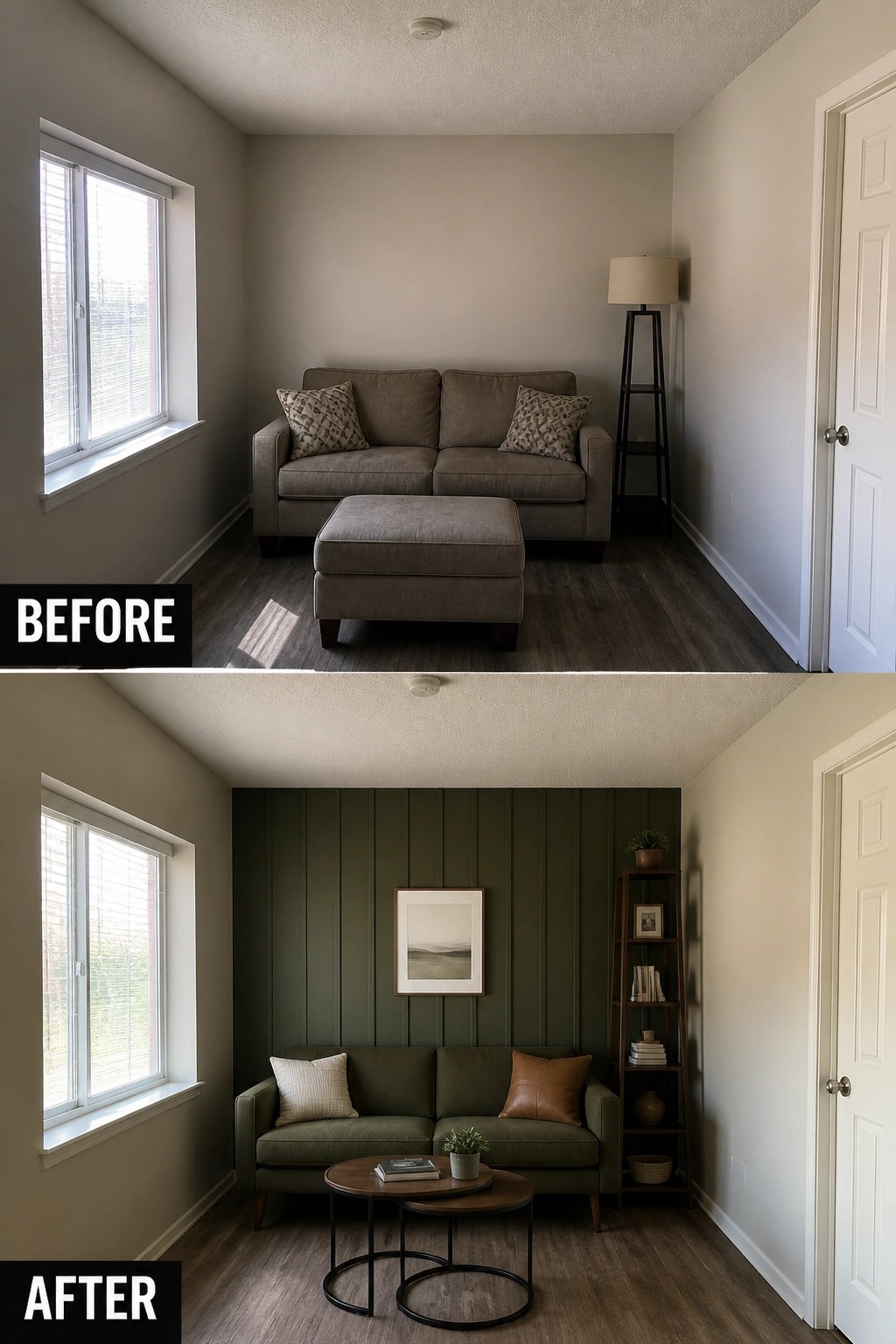 Before and after living room with green sofa, accent wall, and new decor.