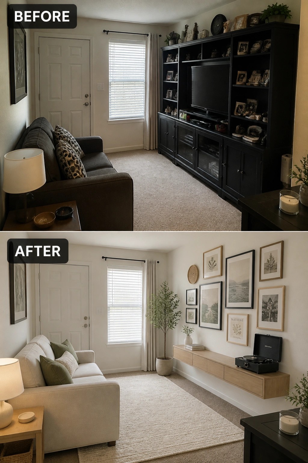 Before and after living room makeover from dark shelves to light gallery wall