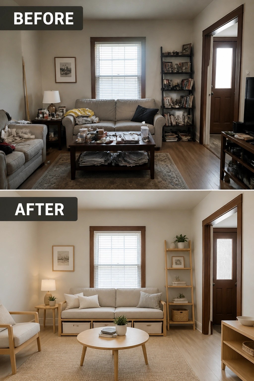 Before and after of cluttered living room transformed into tidy minimalist space with light wood furniture.