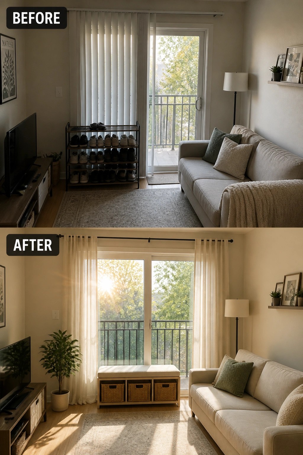 Before-and-after image of a living room showing a tall shoe rack removed from in front of sliding glass doors and replaced with a low storage bench and floor-length curtains.
