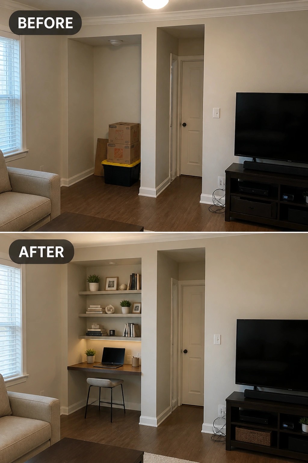 Before: boxes stacked in alcove; after: built-in desk, shelves, and chair in nook.