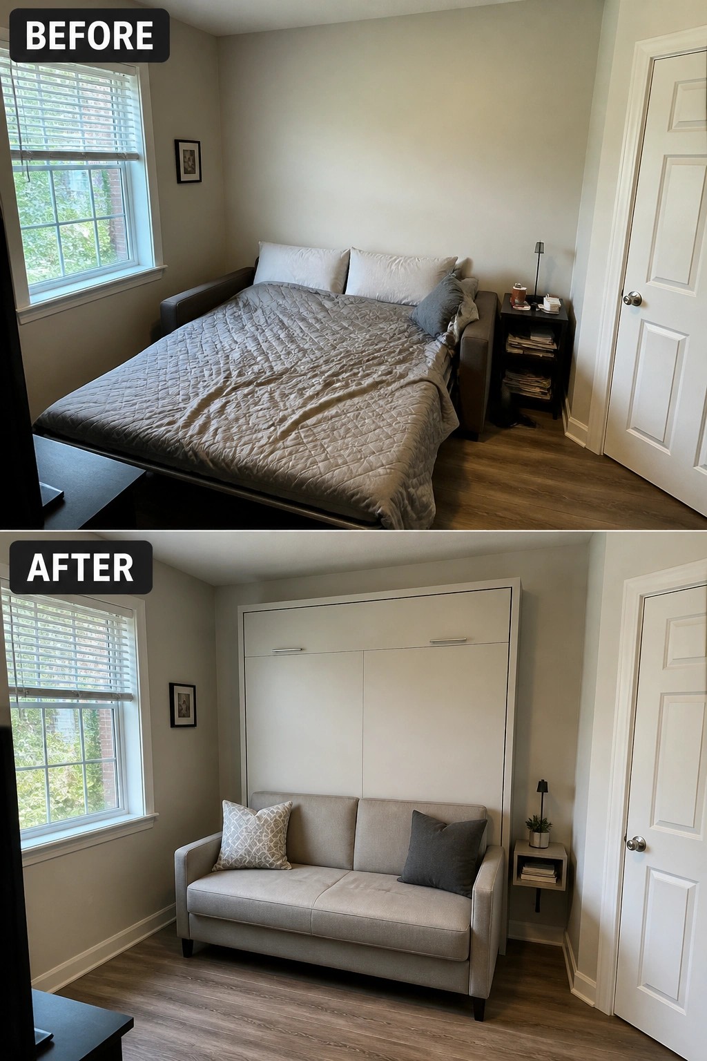Before-and-after image of a bedroom with a bed against the wall changed into a room with a white murphy bed cabinet and a sofa in front of it.