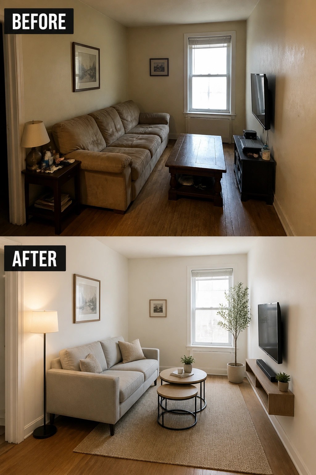 Before and after living room renovation with updated sofa, rug, and decor.