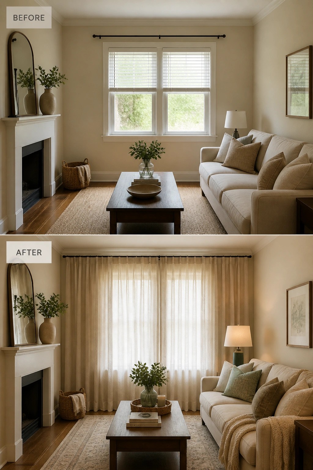 Before-and-after image of a living room updated with floor-length curtains, varied pillows, and a throw blanket.