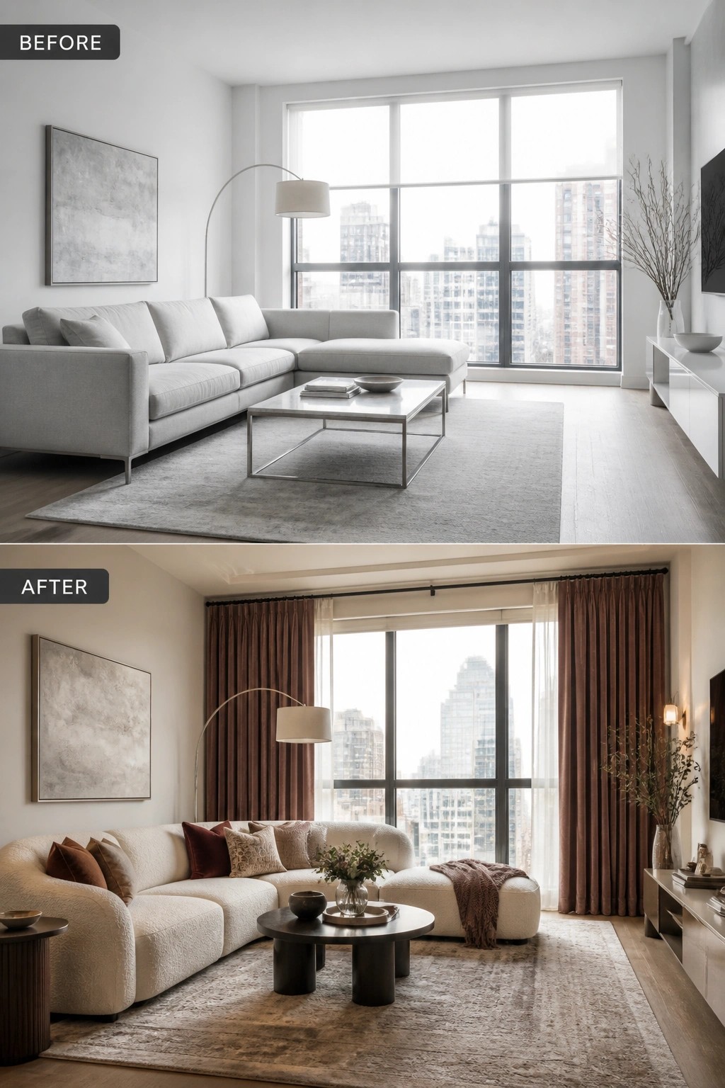 Before-and-after image of a minimalist living room updated with floor-length curtains, textured pillows, a throw, and a darker coffee table.