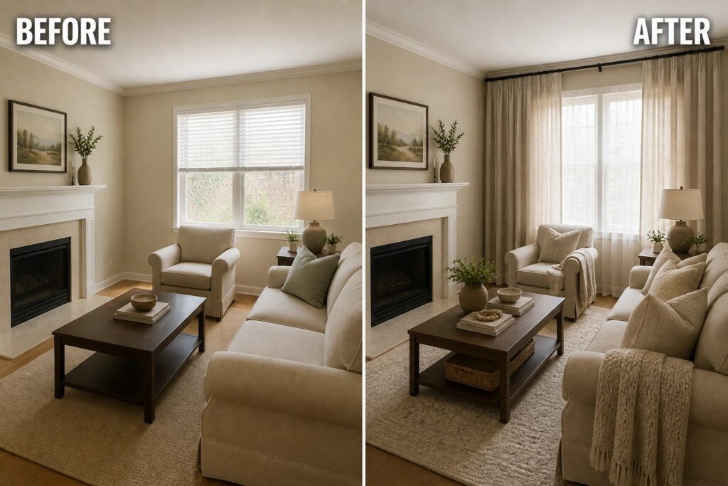 Before-and-after image of a living room updated with floor-length curtains, varied pillows, and a throw blanket.
