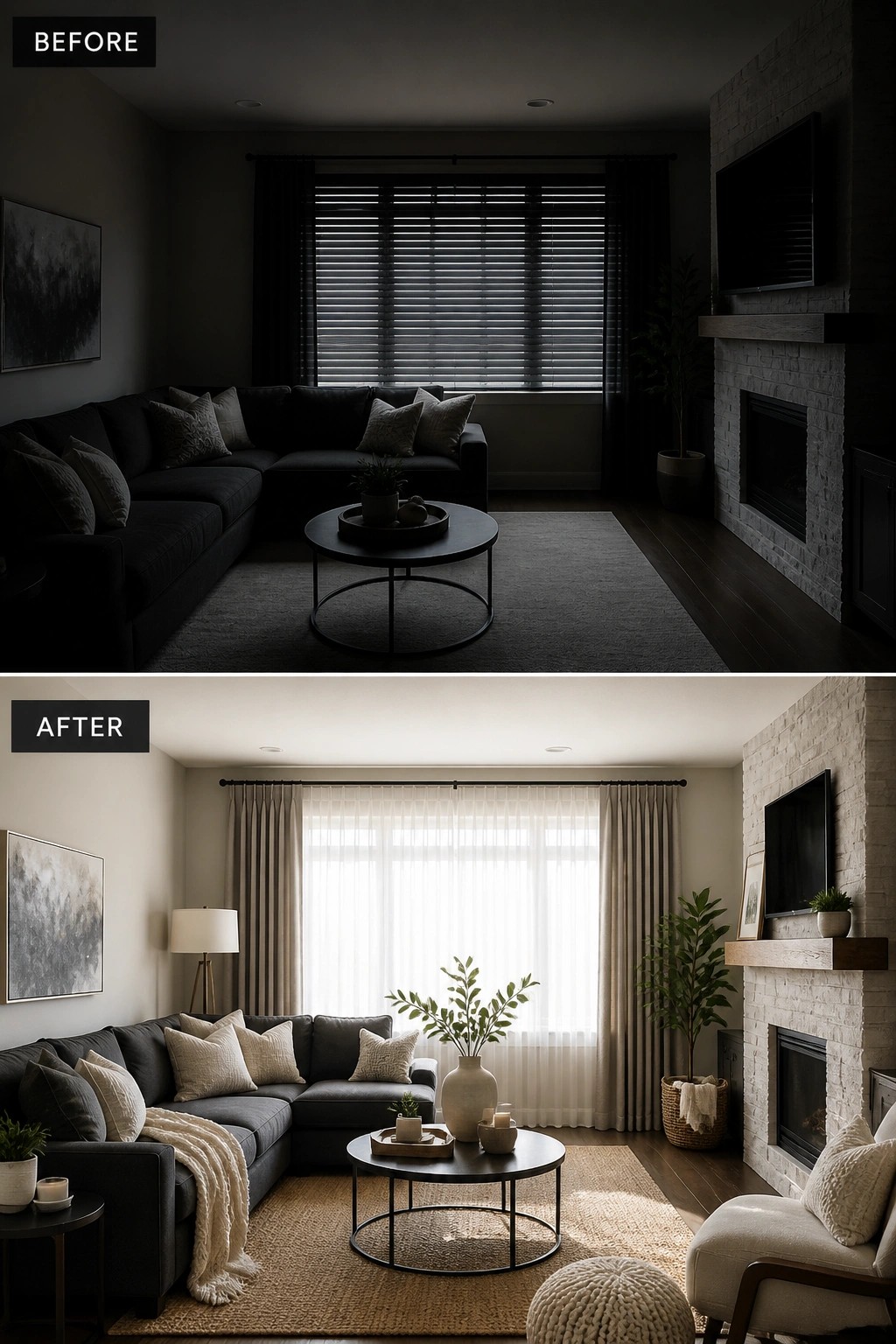 Before and after living room with dark sofa, fireplace, and light neutral decor