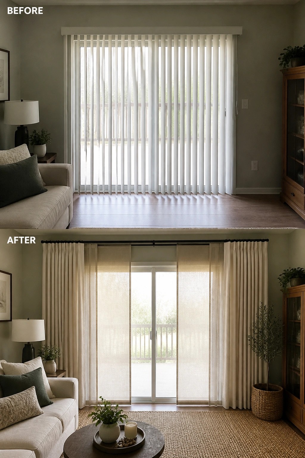 Before-and-after living room window treatments: vertical blinds replaced by beige curtains and shades.
