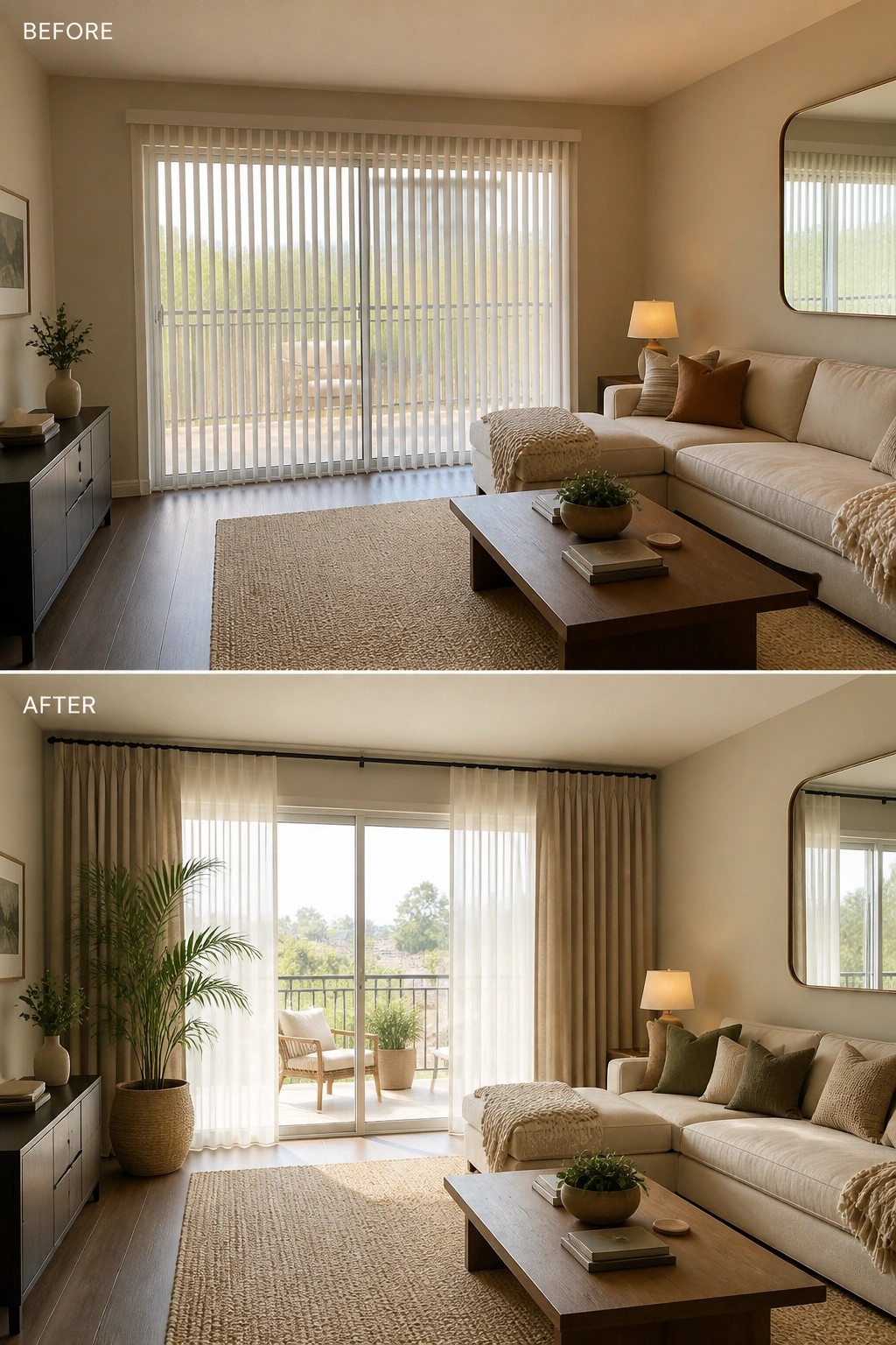 Before and after living room with new curtains, plants, and updated decor
