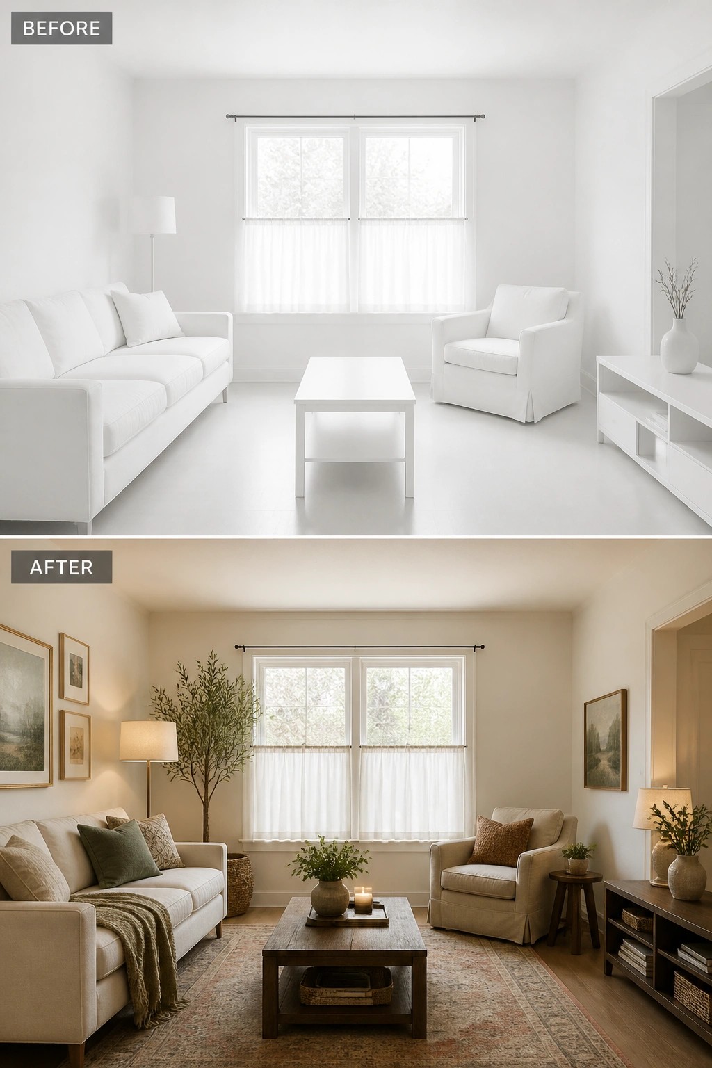 Before-and-after image of a white living room transformed with a rug, layered pillows, a throw blanket, lamps, wall art, and plants.