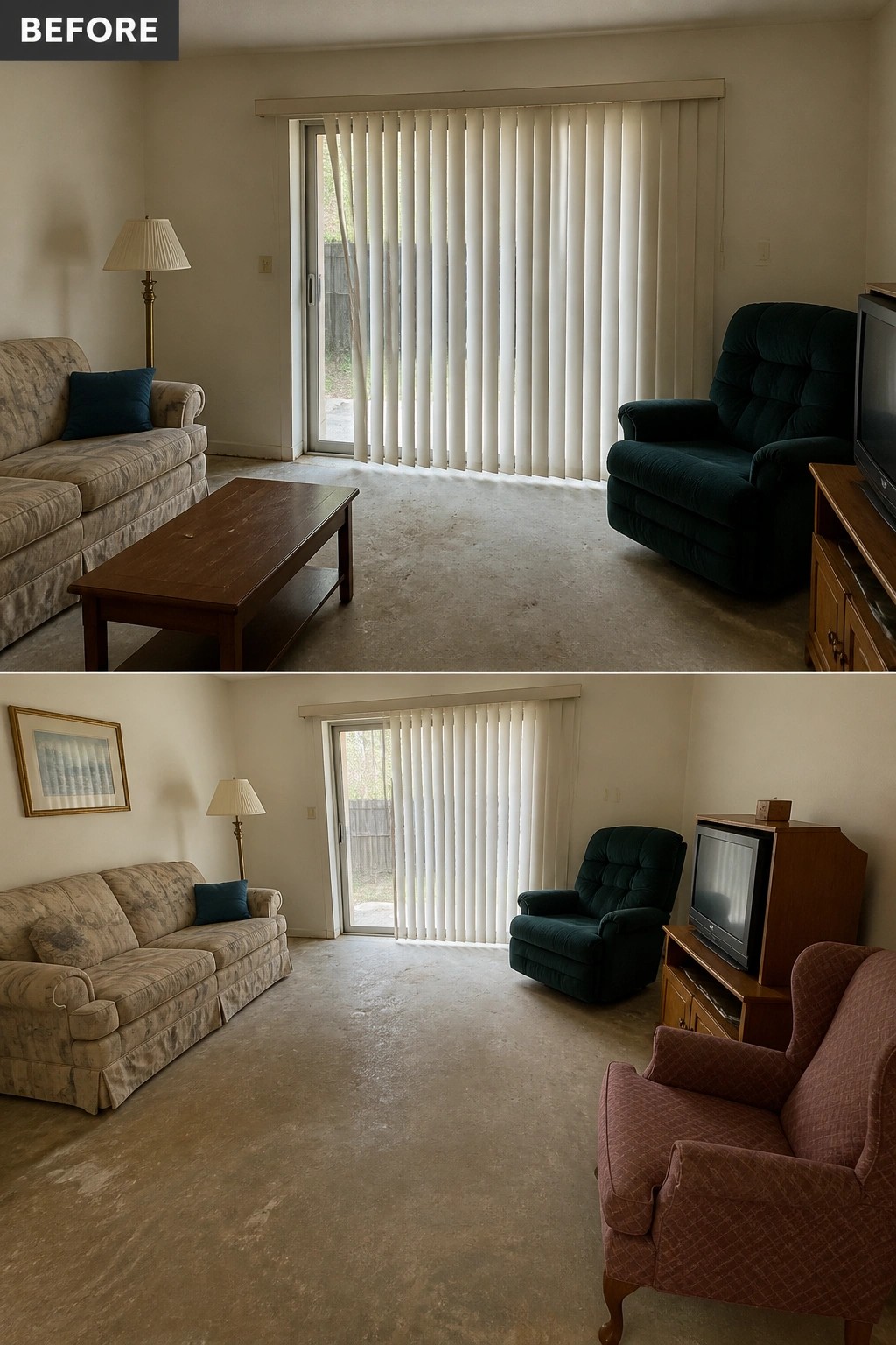 Before and after living room showing furniture rearrangement, new red chair, and wall art.