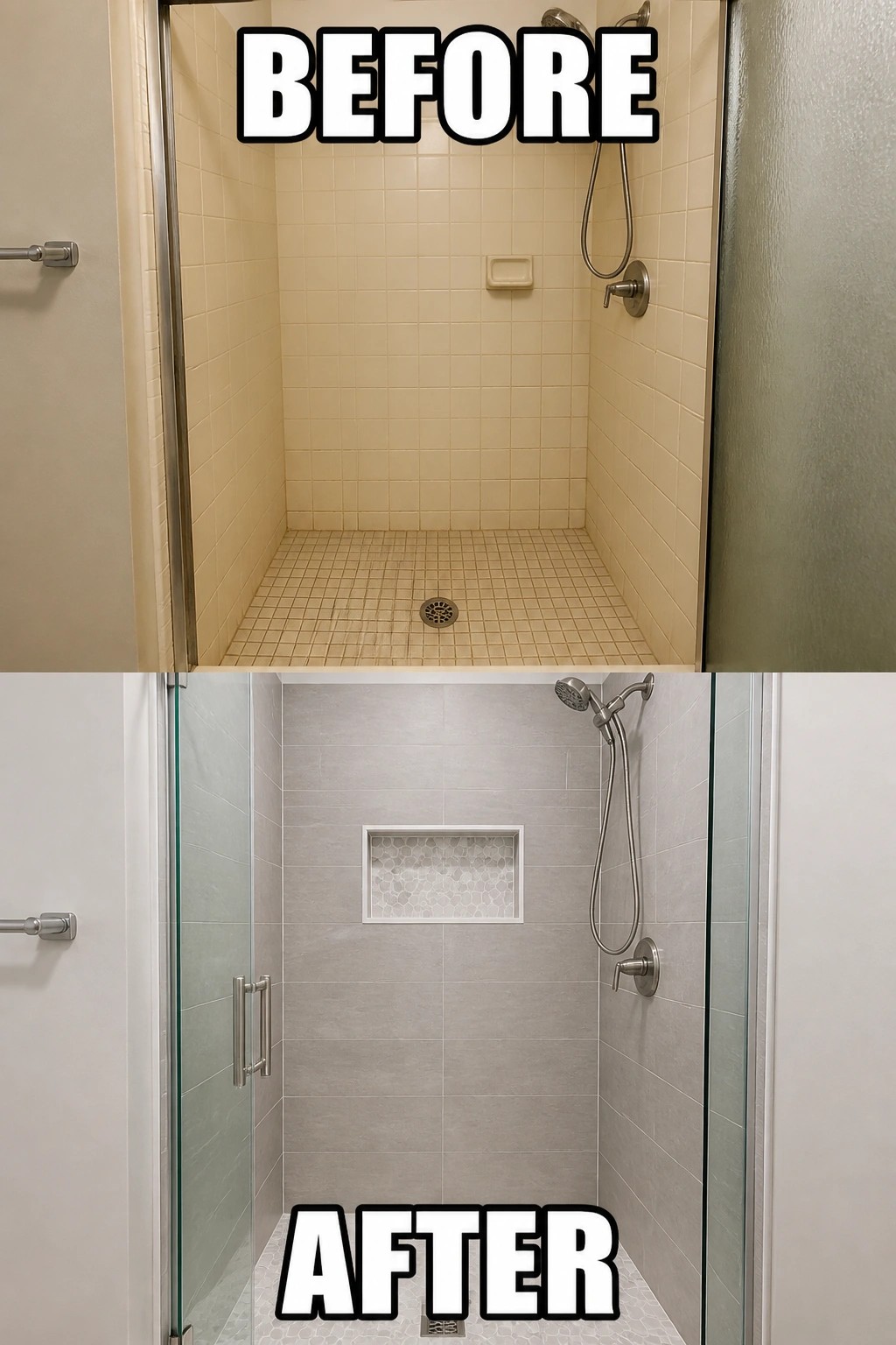 Before and after of beige tiled shower renovated to modern gray tiles with niche.