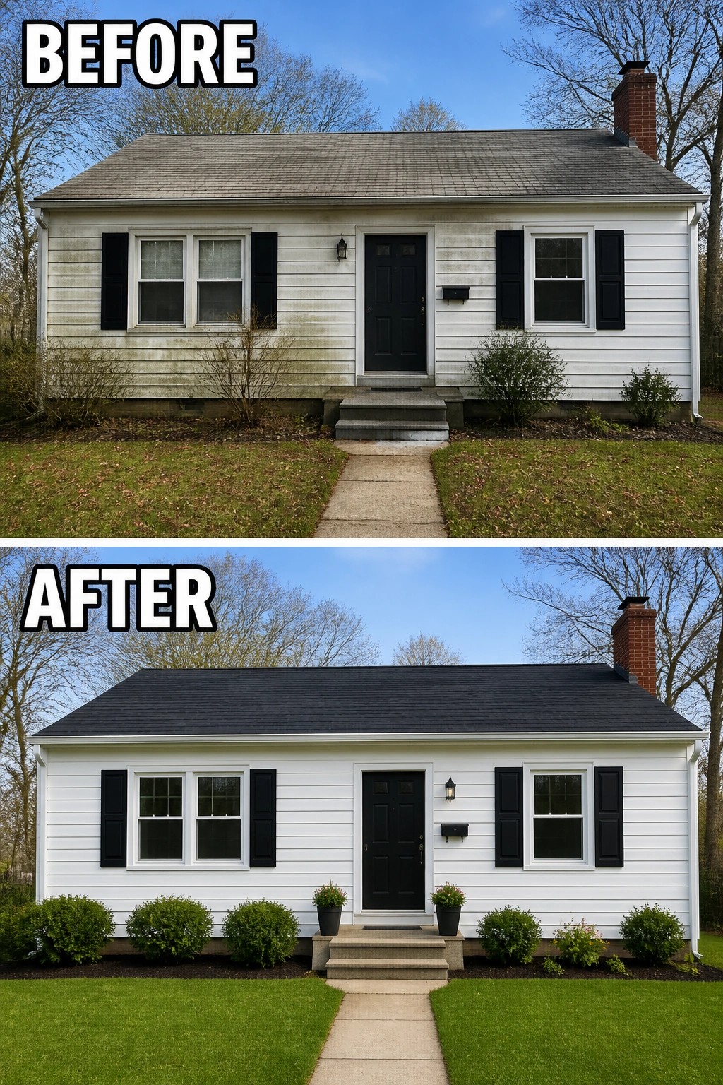 Before and after of a white house with black shutters, door, and improved landscaping.