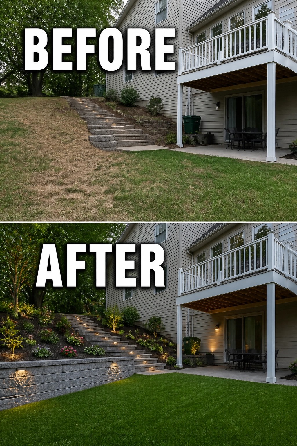 Before-and-after image of a house exterior where a bare slope was updated with terraced retaining walls and planted garden beds.