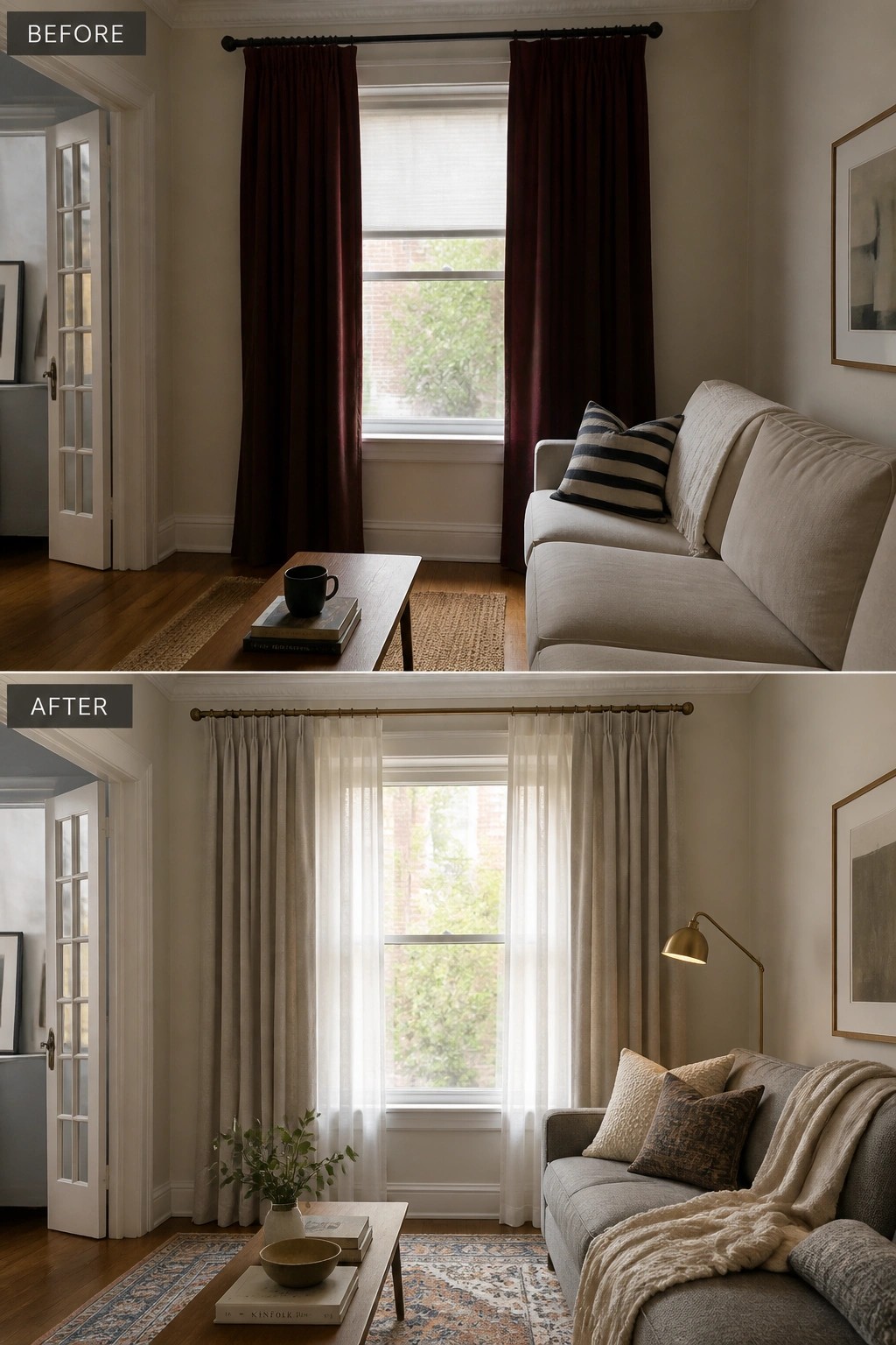 Before-and-after living room with dark red curtains changed to light beige drapes and sofa.