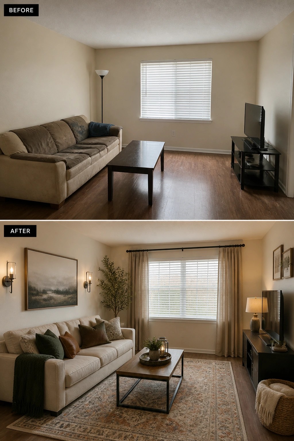 Before-and-after image of a living room transformed by adding a rug, curtains, pillows, wall art, and lamps.