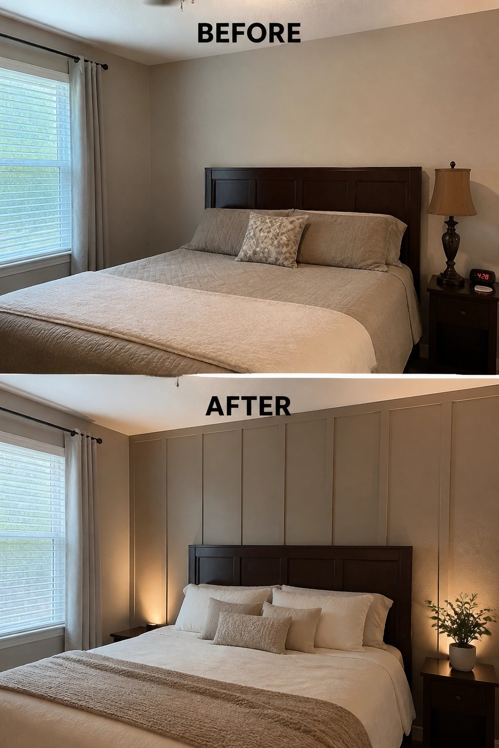 Bedroom before-and-after with beige bedding, then white linens and wall panels