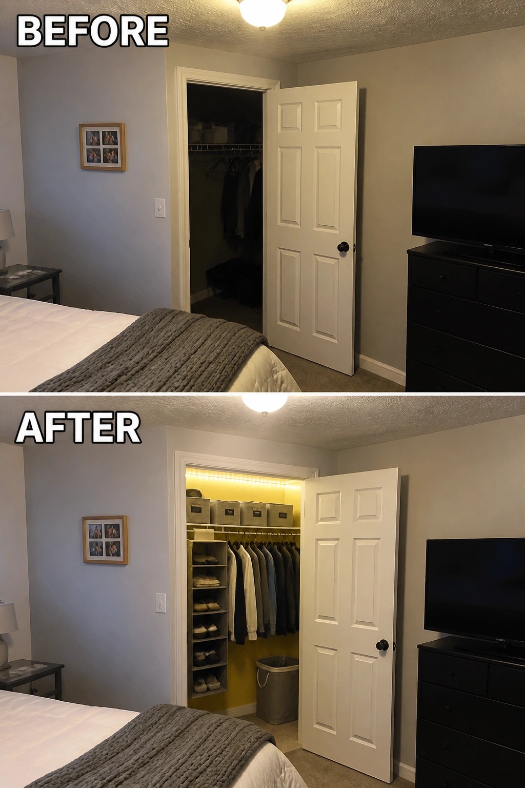 Before-and-after image of a bedroom closet updated with interior lighting, yellow paint on the back wall, and added shelving and storage bins.