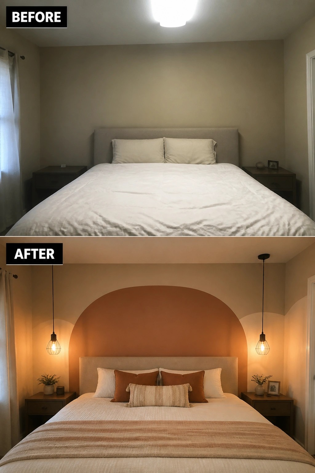 Before and after bedroom with terracotta arched accent wall and pendant lights